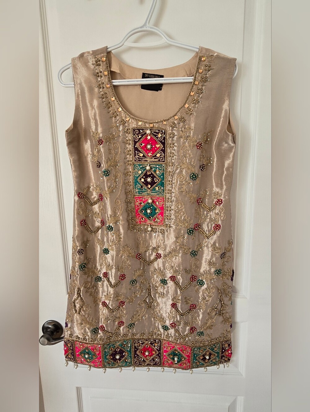 Embellished Gold Satin Sleeveless Dress with Multicolor Beadwork